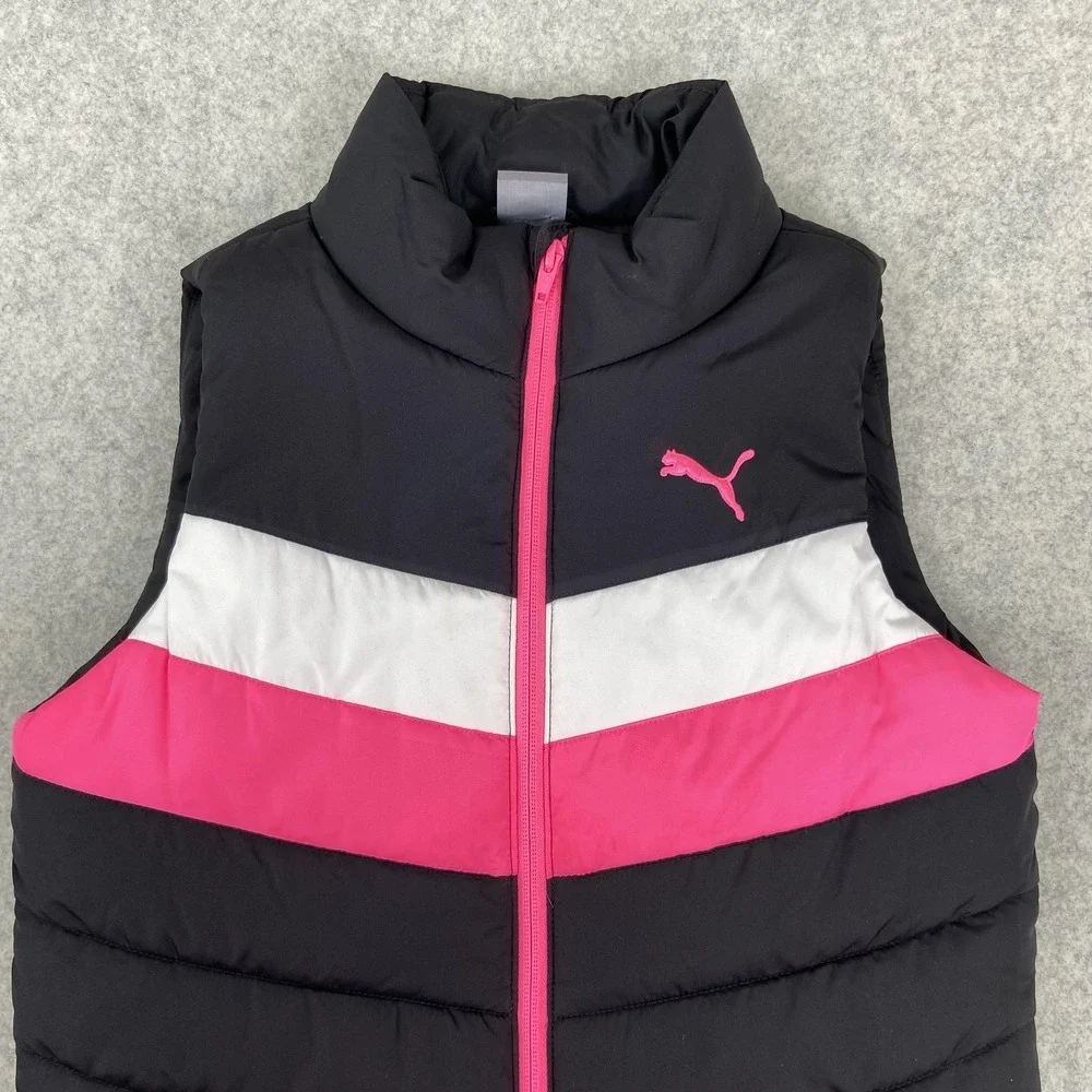 Puma Vest Girls Medium 10/12 Black Pink Puffer Quilted Full Zip Colorblock
